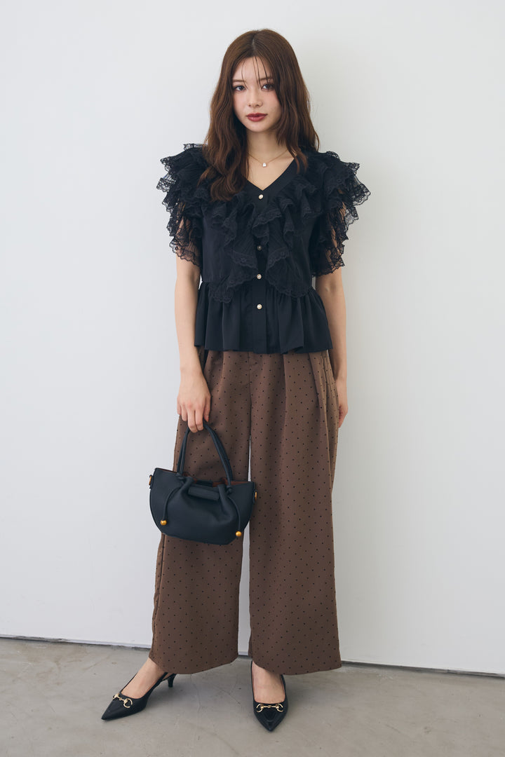 [予約/SET]ボリュームレースフリルラッフルブラウス+ドットツイルタックワイドパンツ(2set)