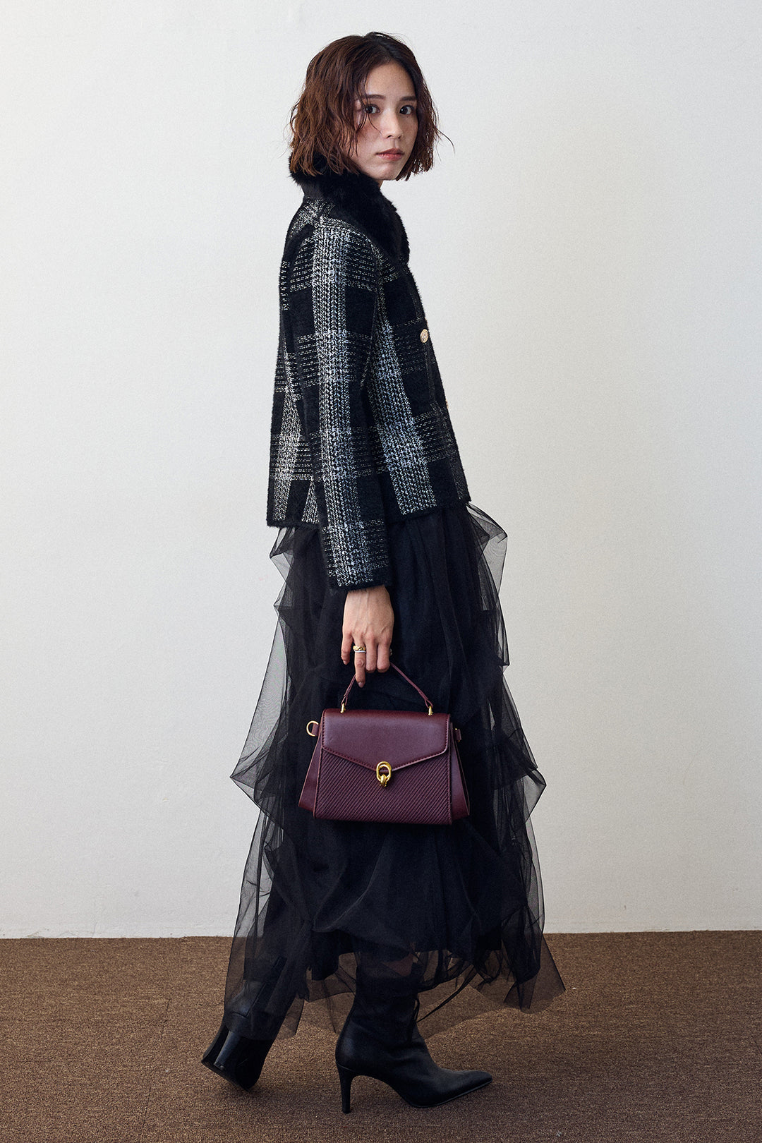 [予約/SET]チェック柄ファー襟コーディガン+マルチパターンタックチュールスカート(2set)