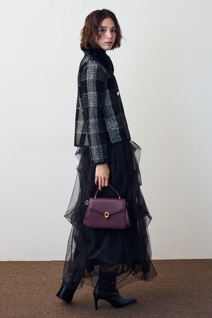 [予約/SET]チェック柄ファー襟コーディガン+マルチパターンタックチュールスカート(2set)