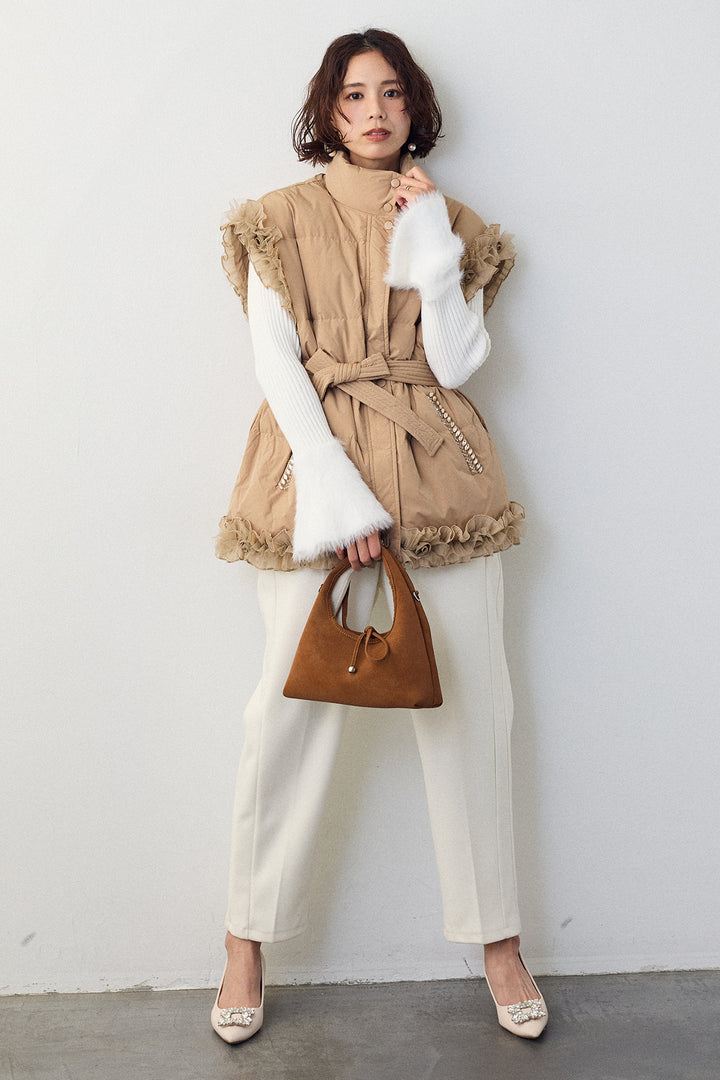 [予約/SET]フェザー切替スリーブフレアニット+フリルチュールスリーブ美ラインベスト(2set)