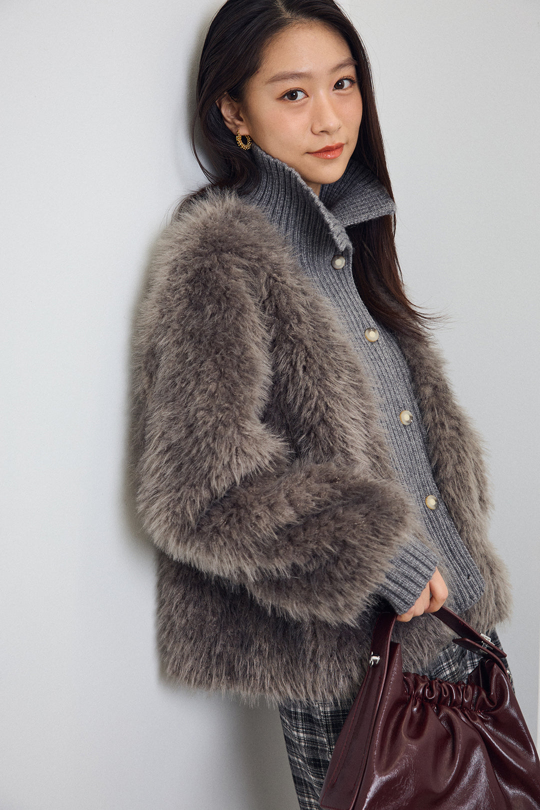 [予約/SET]シャギーファー×リブニットミックスジャケット+ハイウエストチェックセミワイドパンツ(2set)