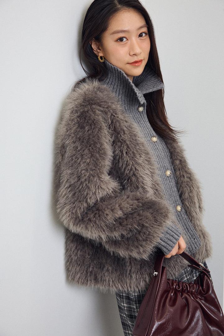 [予約/SET]シャギーファー×リブニットミックスジャケット+ハイウエストチェックセミワイドパンツ(2set)