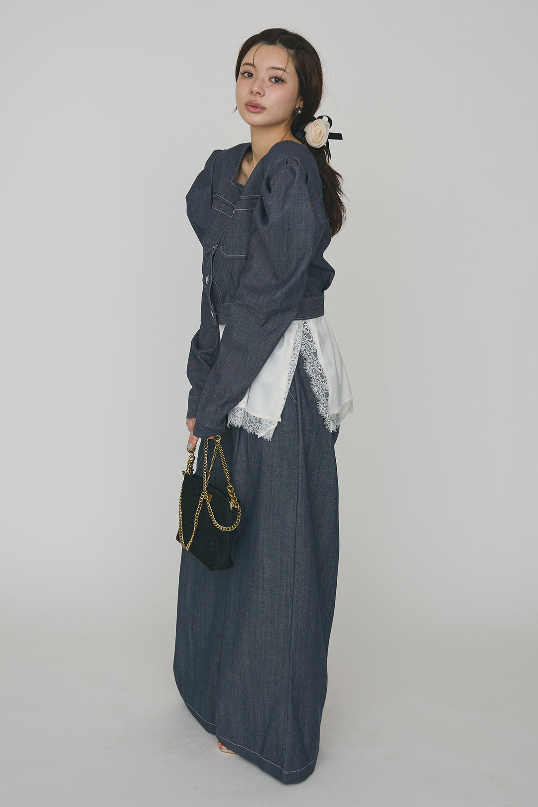 [予約/SET]マットサテンレースキャミソール+ステッチパフスリーブクロップドジャケット+ステッチデザインハイウエストデニムパンツ(3set)