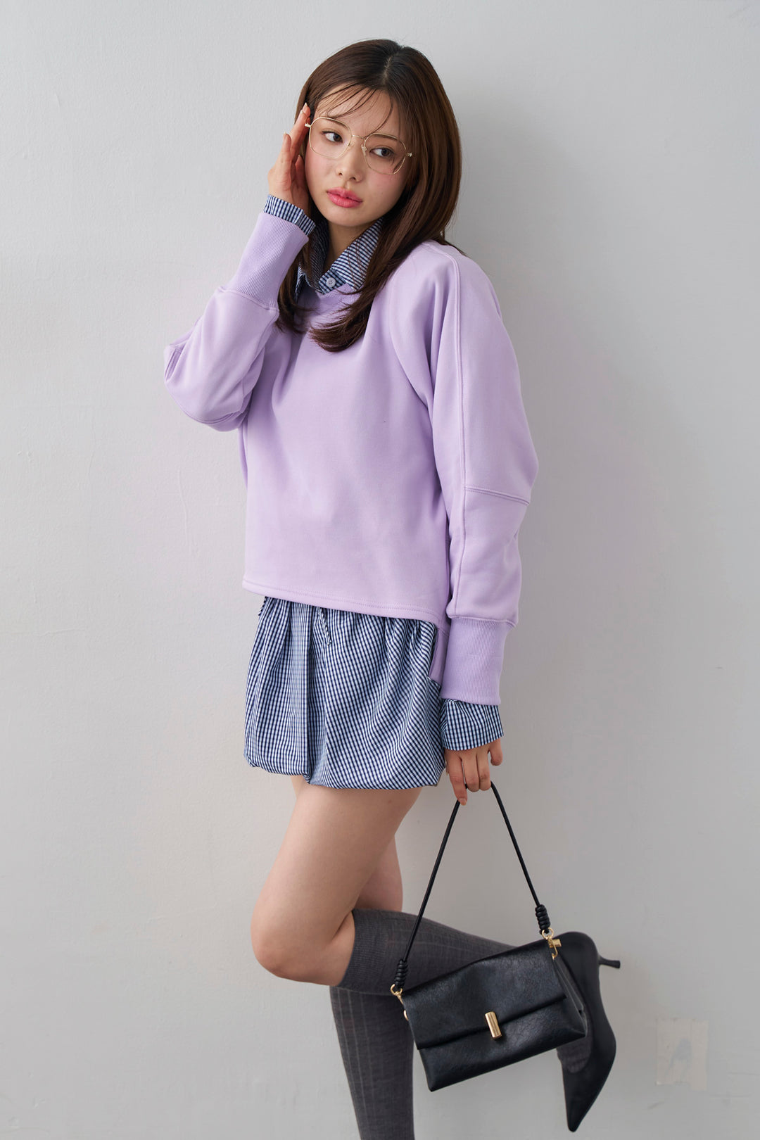 [予約/SET]ギンガムチェックバルーンミニボトムセットアップ+コクーンシルエットライトスウェットPO(2set)