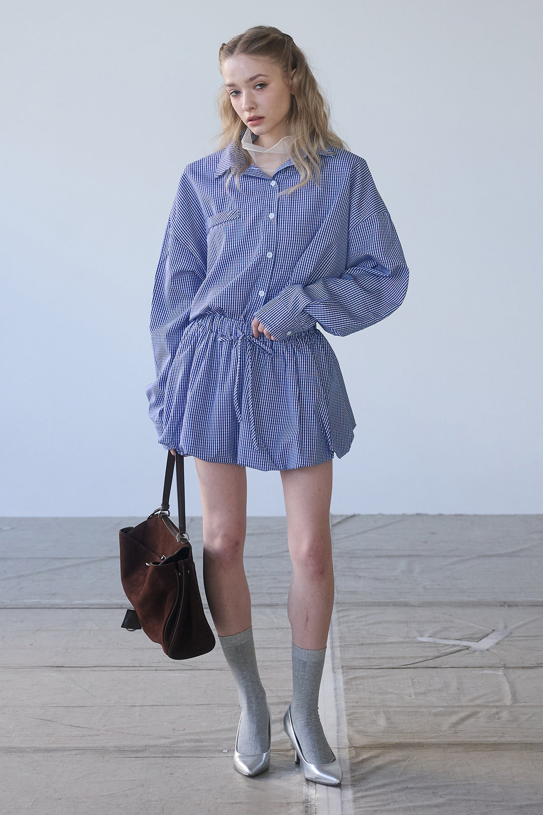 [予約/SET]ハイネックシアーフリルヘムトップス+ギンガムチェックバルーンミニボトムセットアップ(2set)