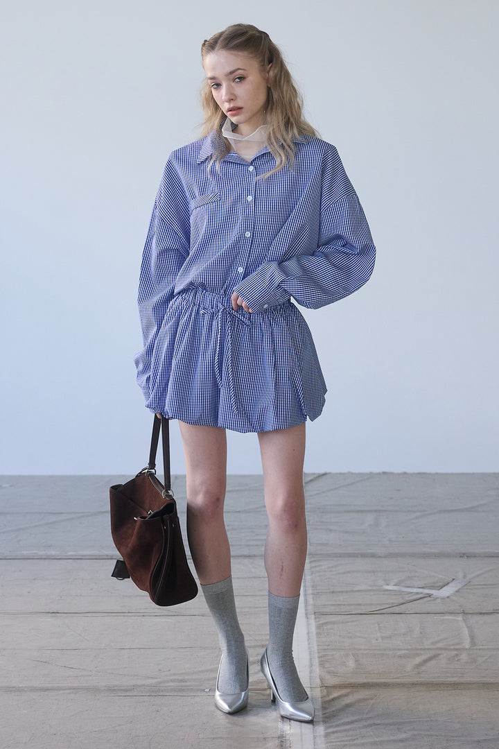 [予約/SET]ハイネックシアーフリルヘムトップス+ギンガムチェックバルーンミニボトムセットアップ(2set)