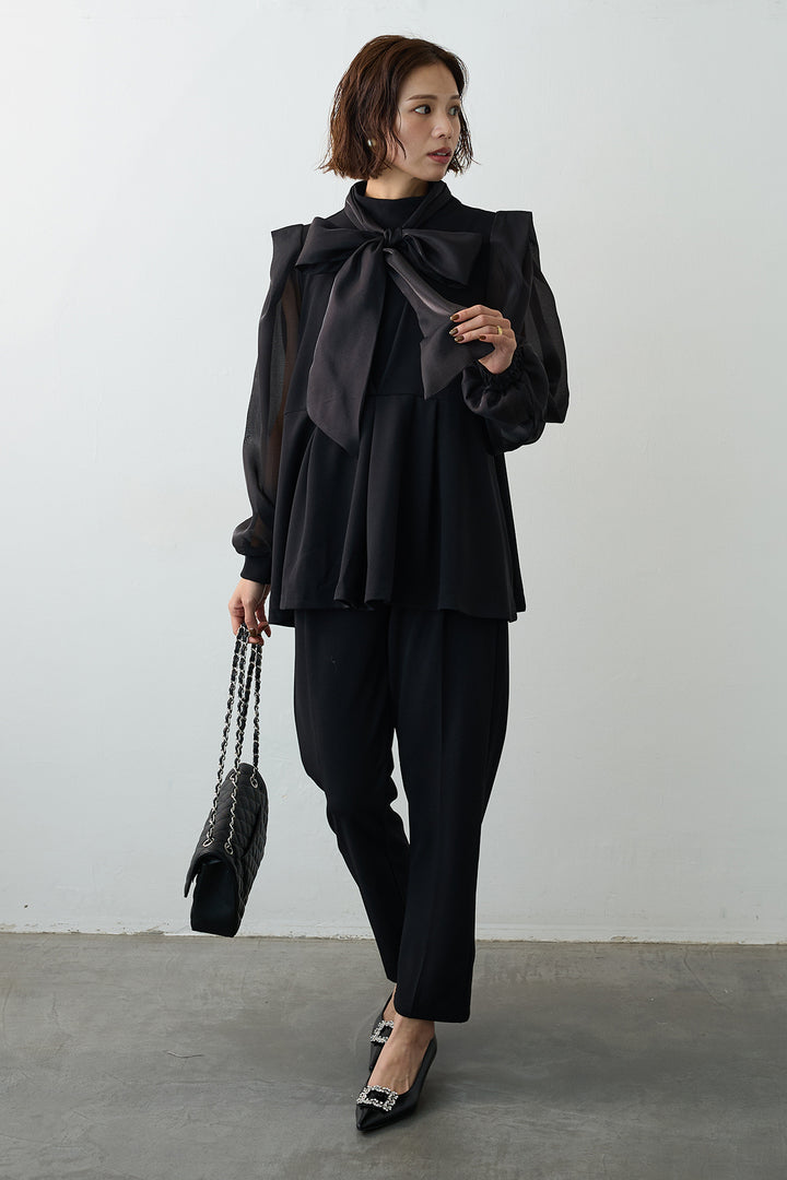 [予約/SET]シアーリボン異素材ドッキングペプラムブラウス+スリムテーパードパンツ(2set)