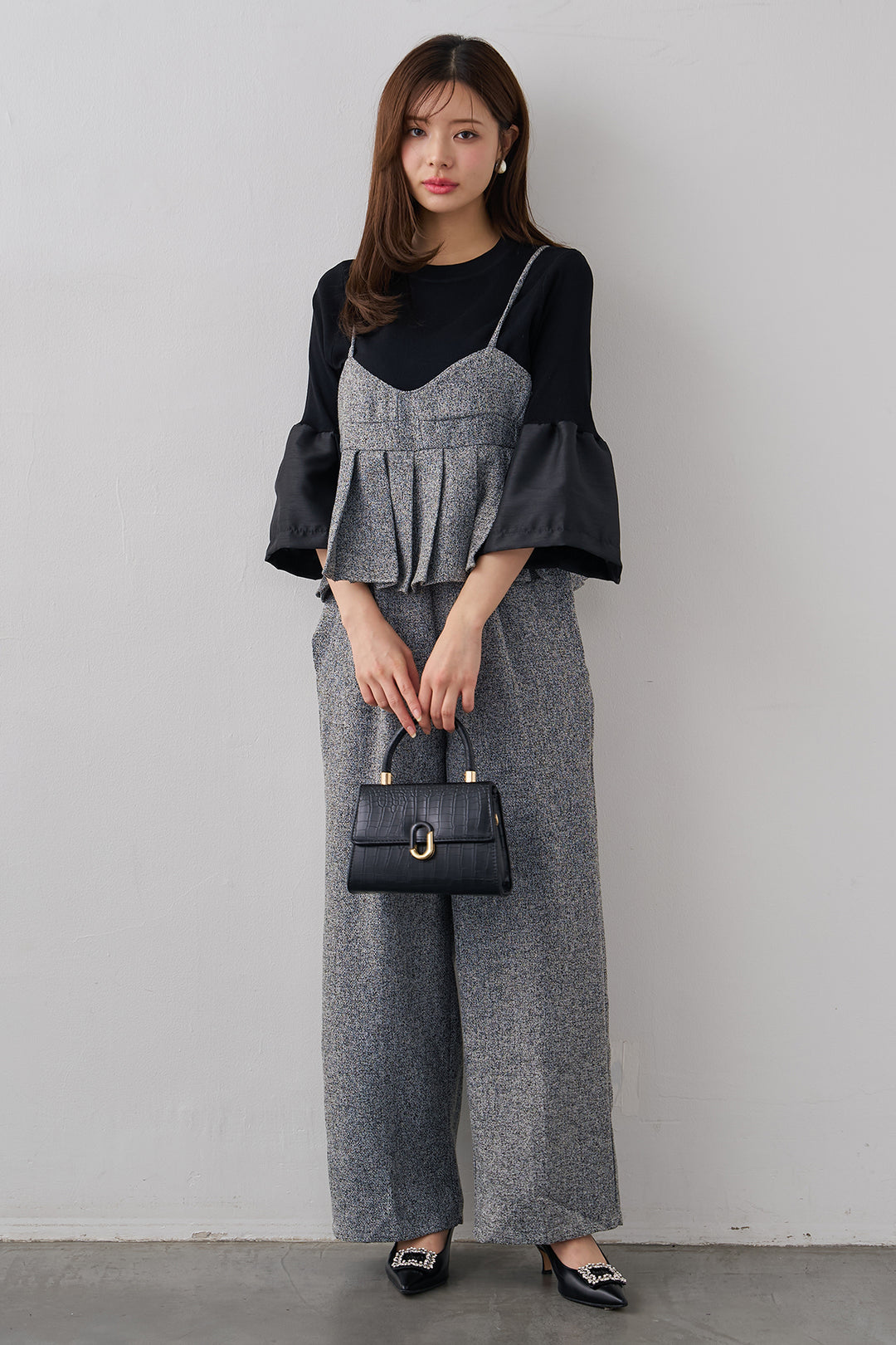 [予約/SET]タックフレア異素材ドッキングニットPO+プリーツビスチェオールインワン(2set)