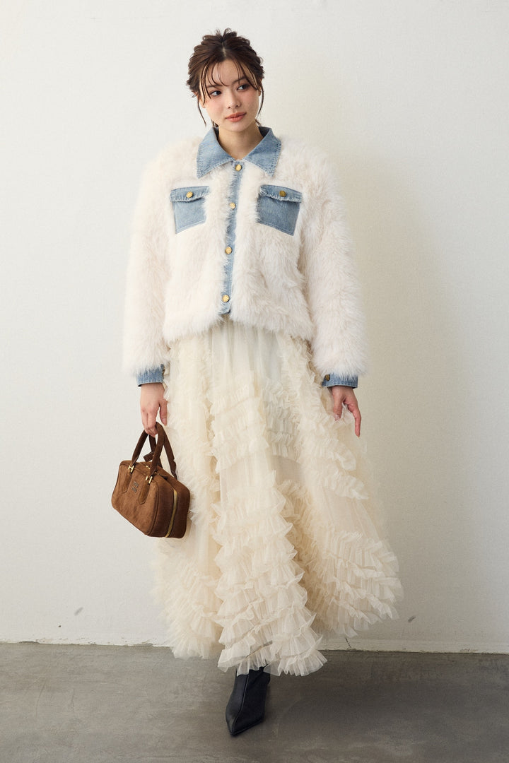 [予約/SET]デニムシャツドッキングファージャケット+スフレアシメチュールスカート(2set)