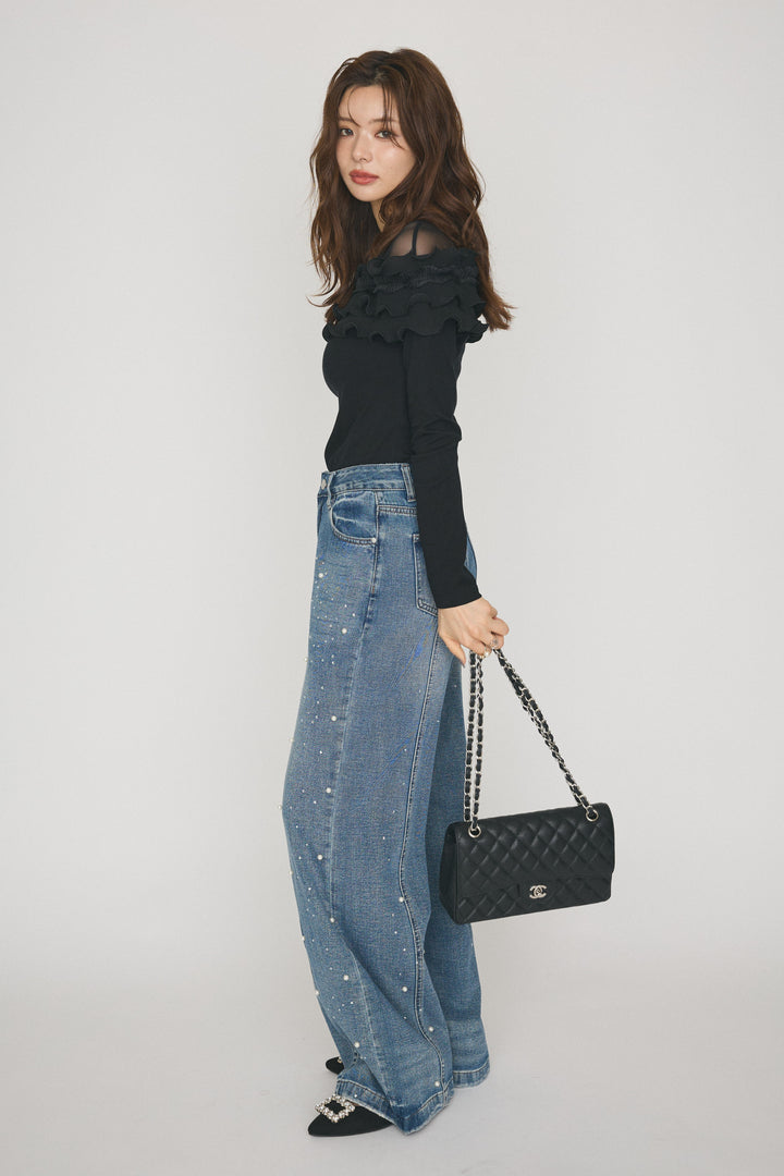 [予約/SET]デコルテシアーフリルメロウトップス+パールラインストーンハイウエストデニム(2set)