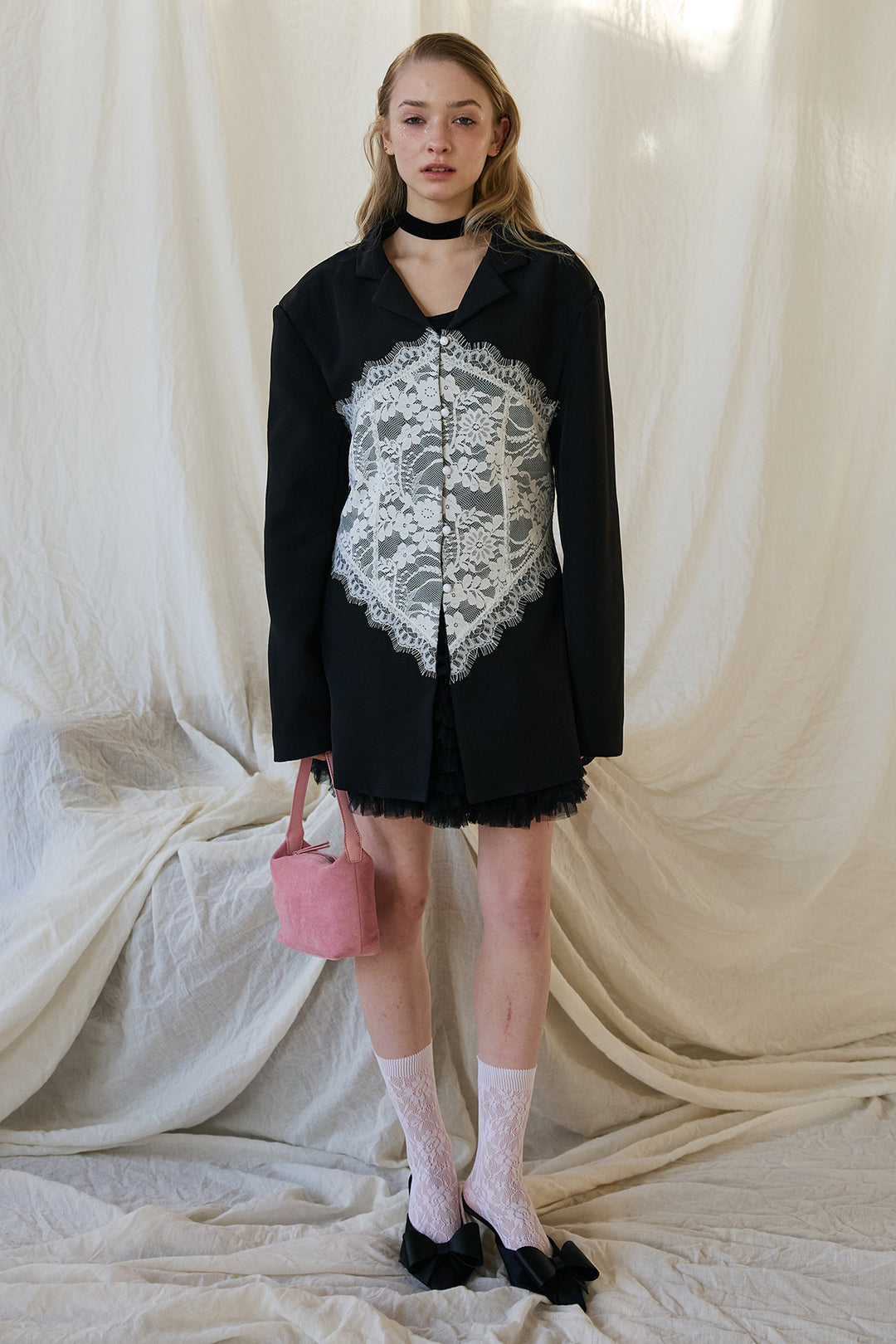 [予約/SET]美ラインウエストレースデザインジャケット+ホイップチュールミニ丈スカート(2set)