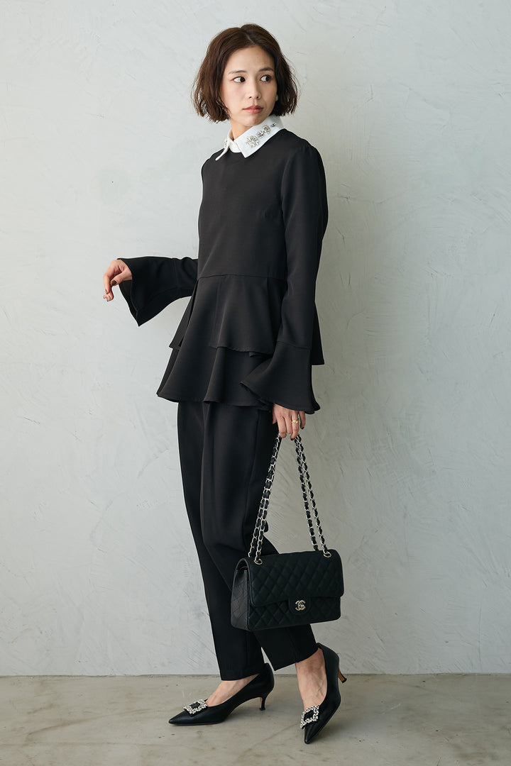 [予約]ウエストサテン切替テーパードパンツ