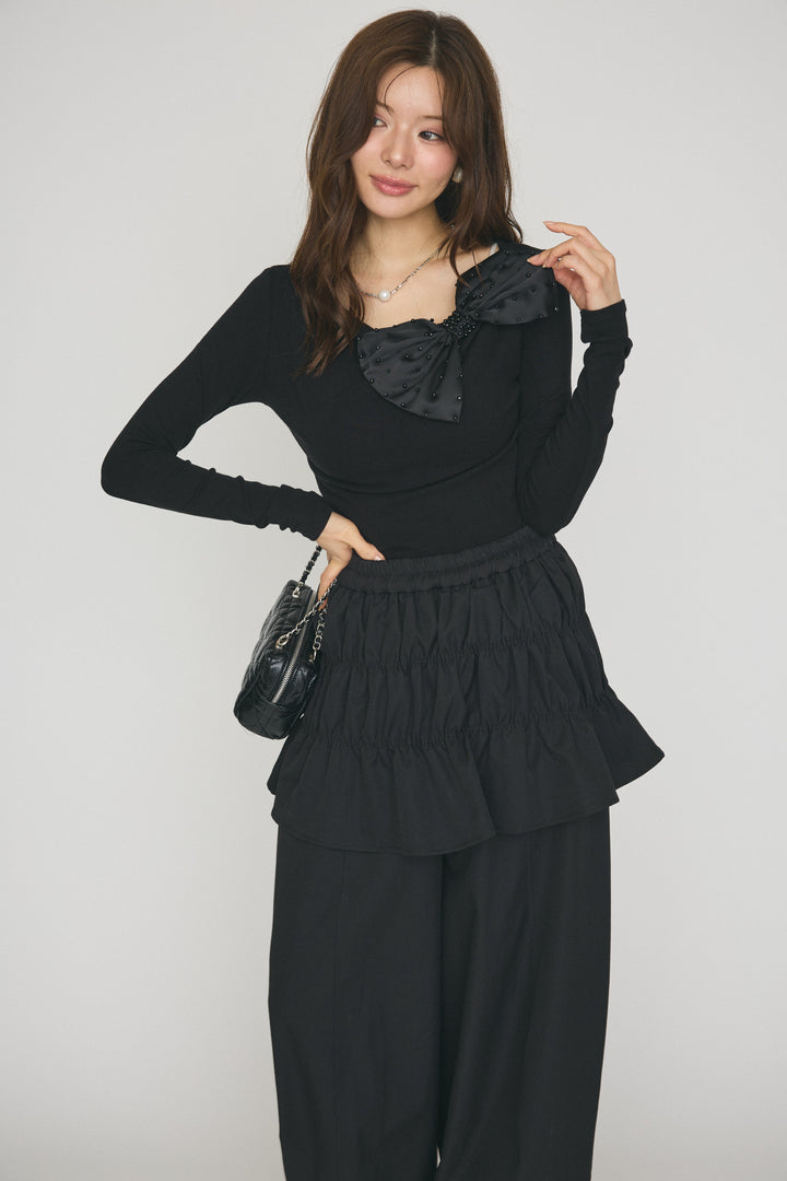 [予約/SET]サイドポイントリボンカットトップス+シャーリングフリルストレートパンツ(2set)