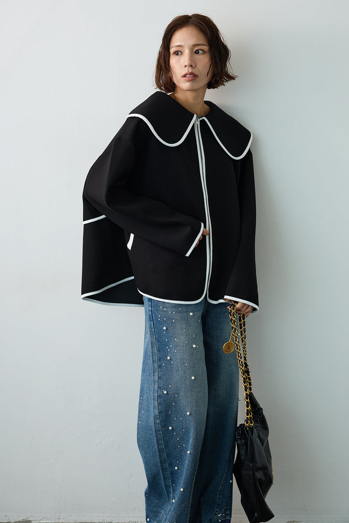 [予約/SET]バイカラーボンディング襟付きコート+パールラインストーンハイウエストデニム(2set)