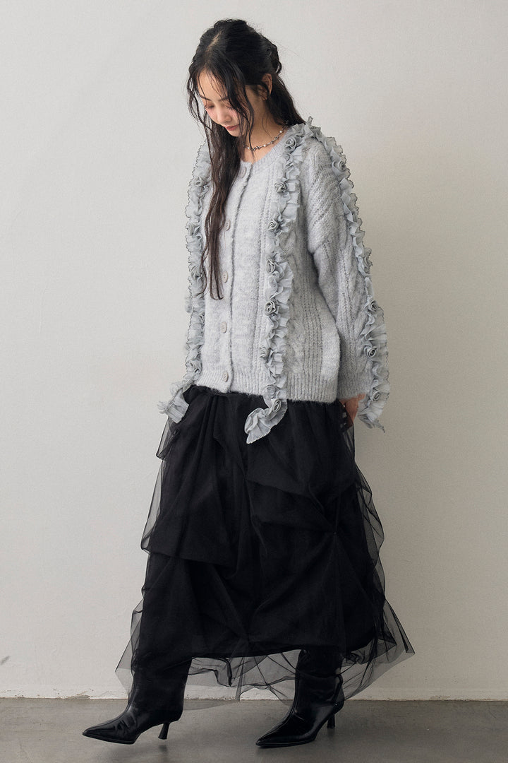 [予約/SET]フリルローズドッキングニットカーデ+マルチパターンタックチュールスカート(2set)