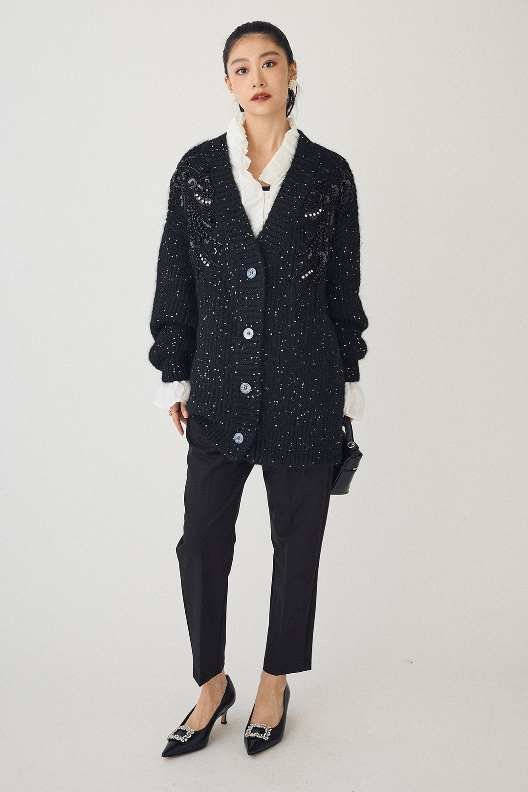 [予約/SET]ビーズフラワースパンコールシャイニーニットカーデ+タックテーパードパンツ(2set)