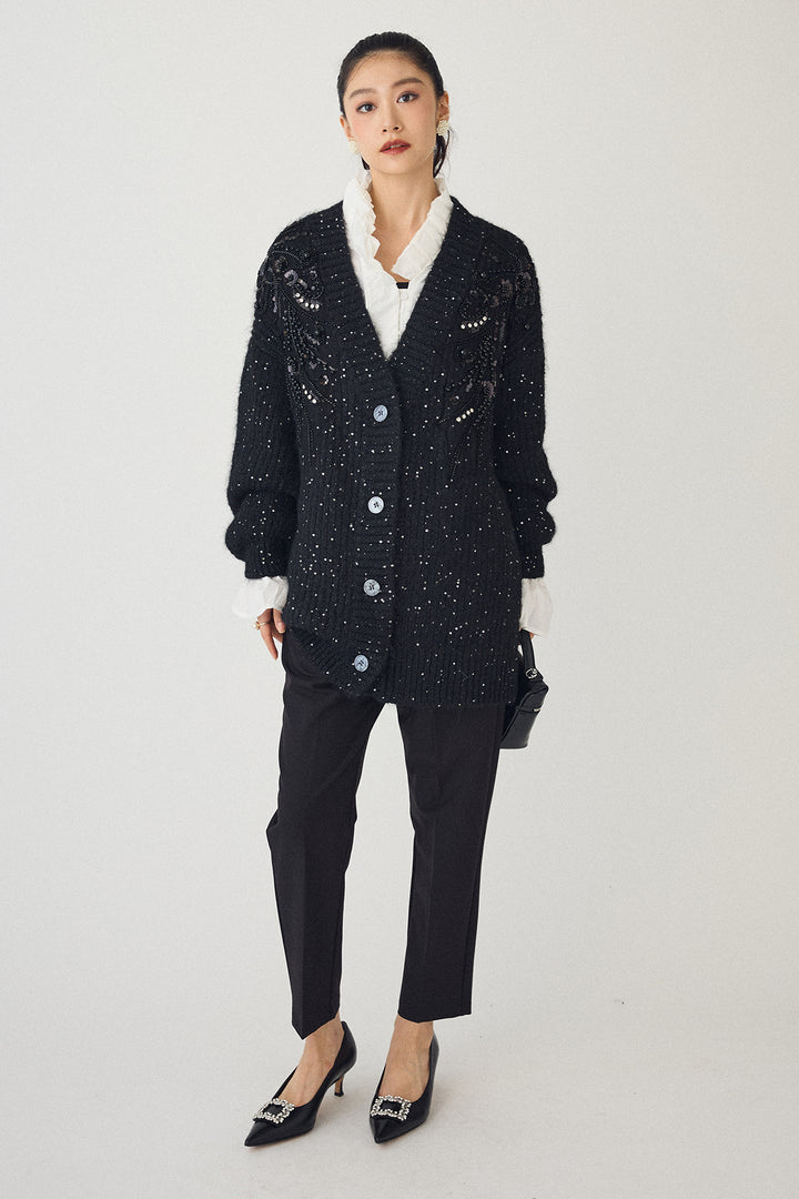 [予約/SET]ビーズフラワースパンコールシャイニーニットカーデ+タックテーパードパンツ(2set)