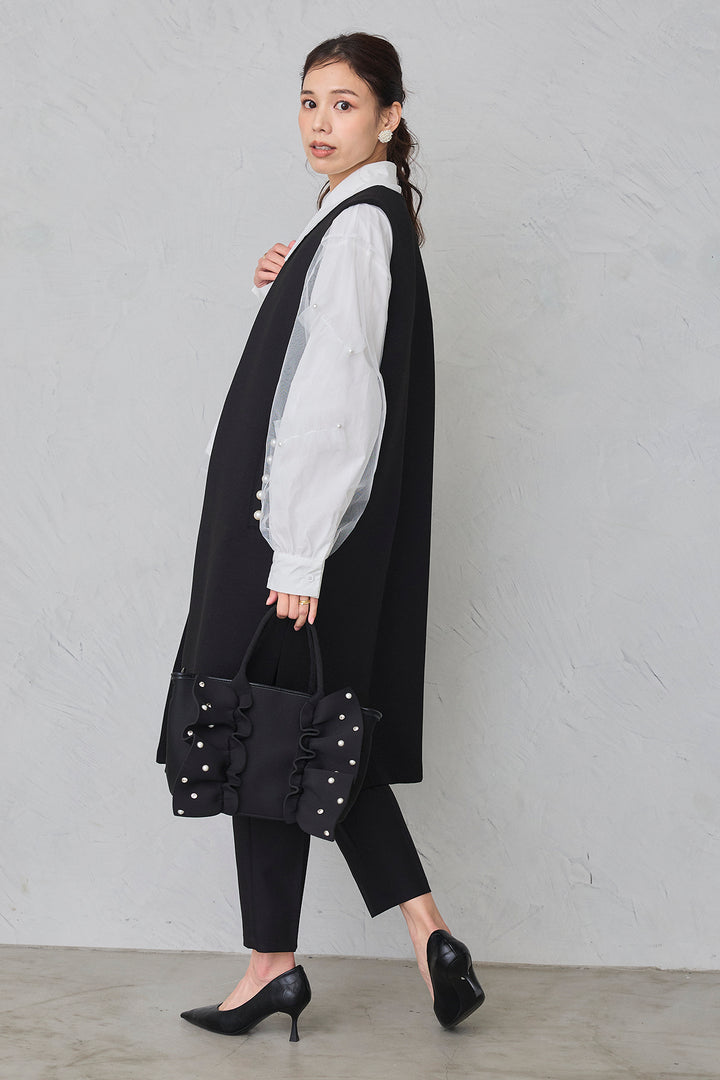 [予約/SET]チュールレイヤードパールシャツ+ポケットパール付きボンディングロングベスト+タックテーパードパンツ(3set)