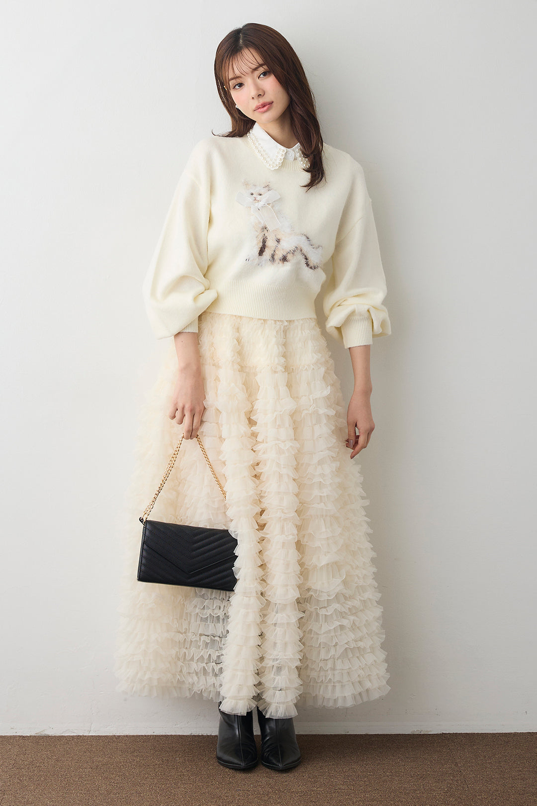[予約/SET]2連パール付け襟+シャギーリボンキャットモチーフニットPO+ホイップチュールティアードスカート(3set)