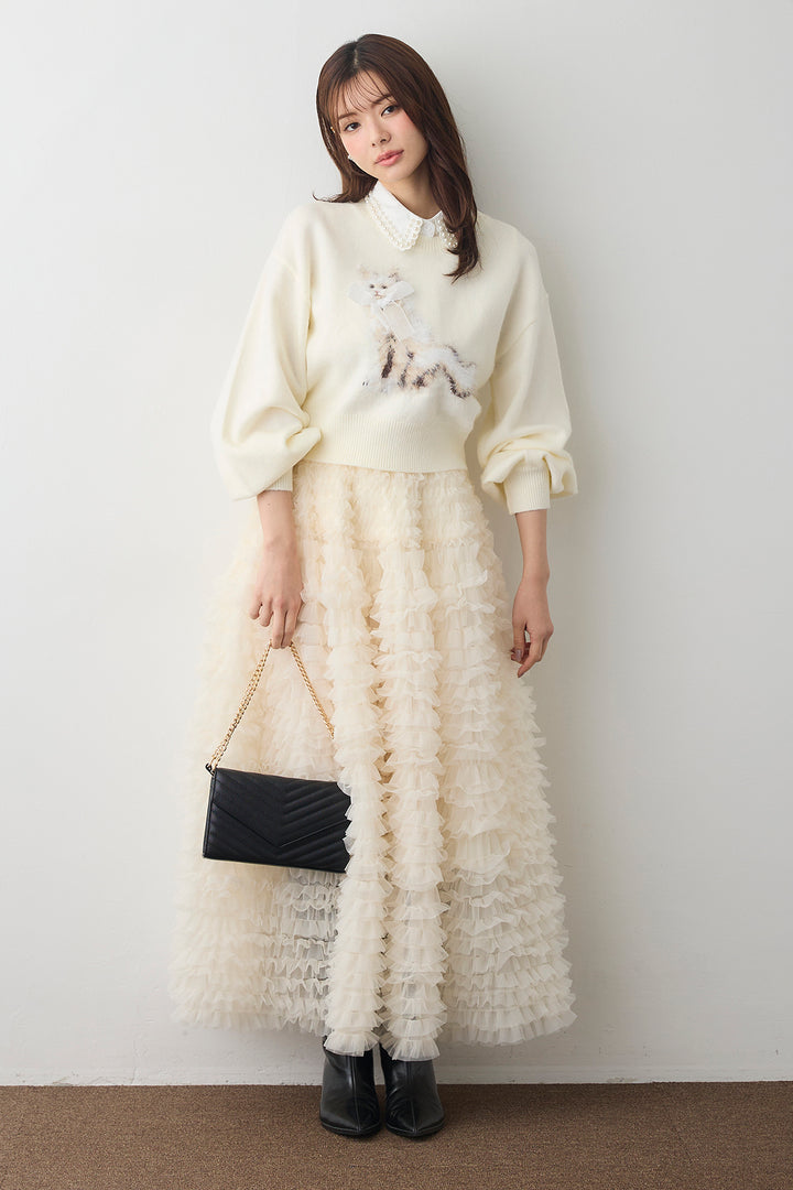 [予約/SET]2連パール付け襟+シャギーリボンキャットモチーフニットPO+ホイップチュールティアードスカート(3set)