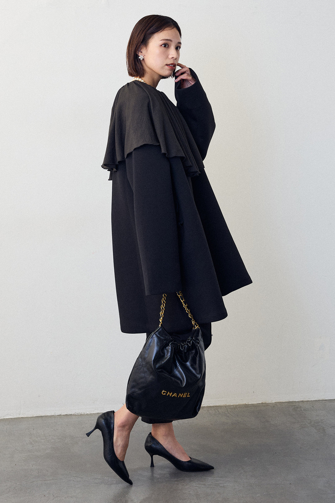 [予約/SET]BIGフリルカラーブラウス+フリルポケットボンディングノーカラーコート(2set)