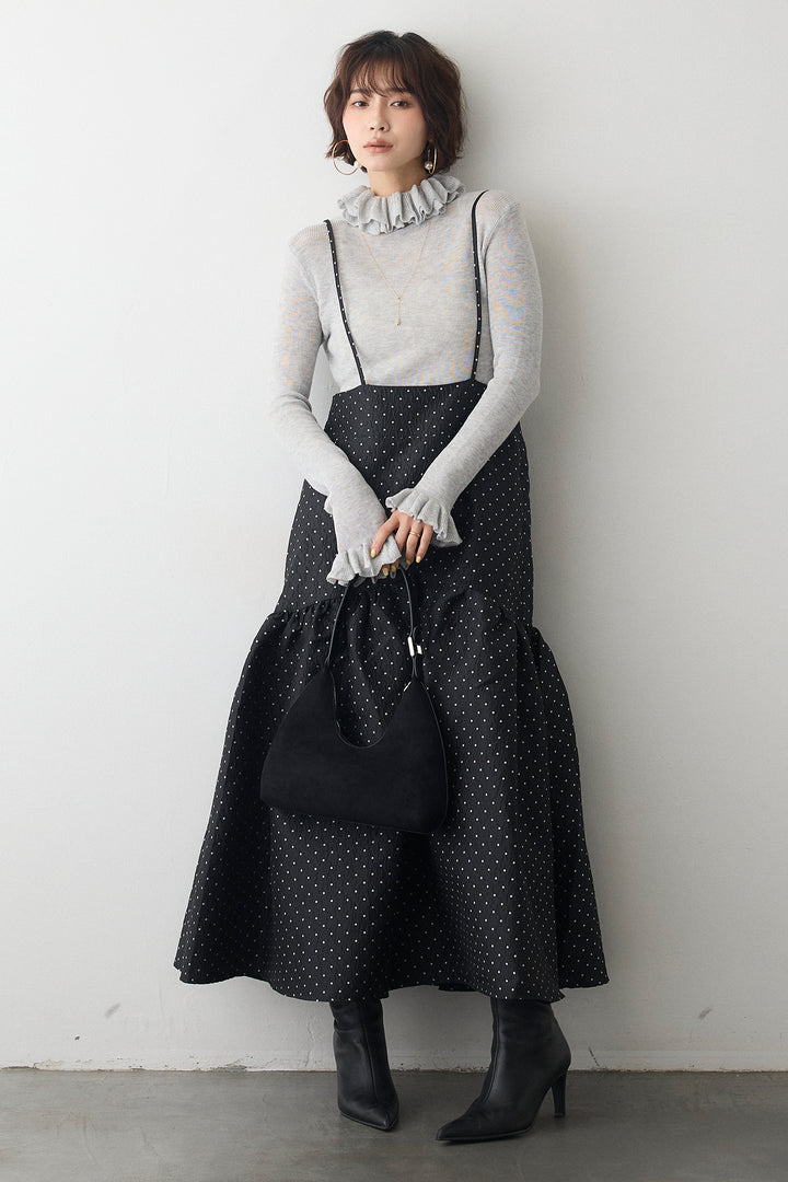 [予約/SET]ダブルフリルカラーニットプルオーバー+ドットジャガードギャザーフレアスカート(2set)