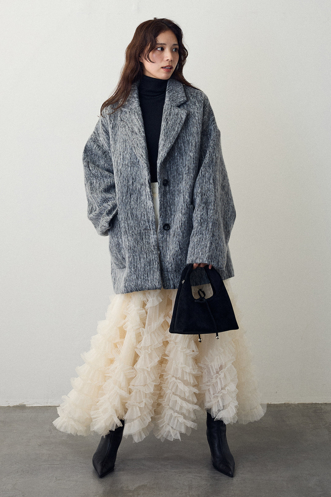 [予約/SET]シャギーミドル丈コート+スフレアシメチュールスカート(2set)