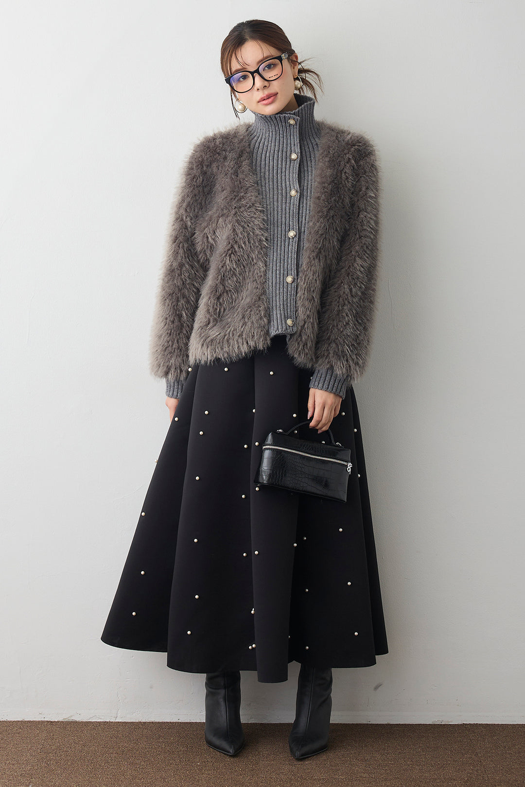 [予約/SET]シャギーファー×リブニットミックスジャケット+マルチパターンボンディングフレアスカート(2set)