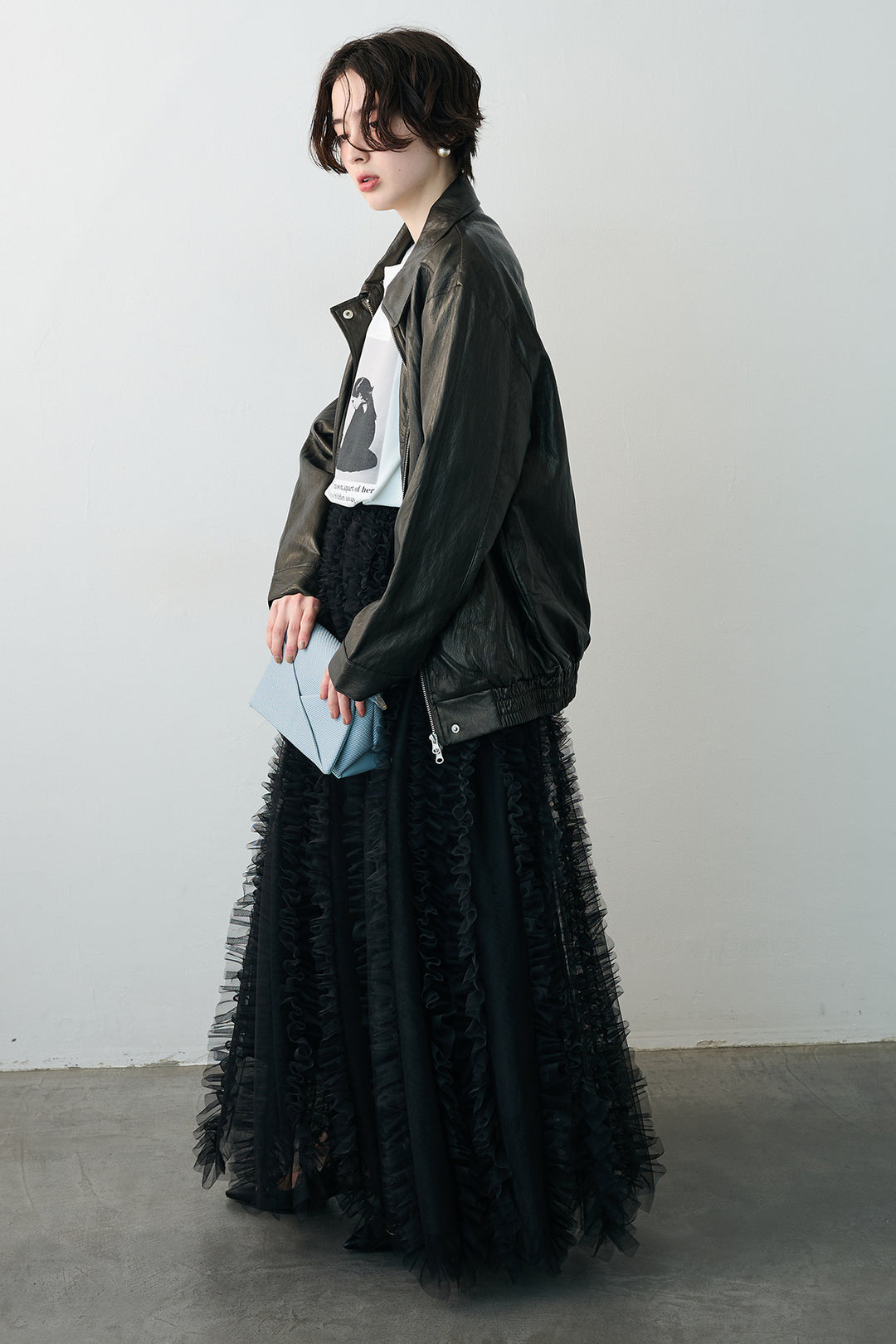 [予約/SET]グロッシーワッシャーレザーライクジャケット+Iラインホイップチュールスカート(2set)
