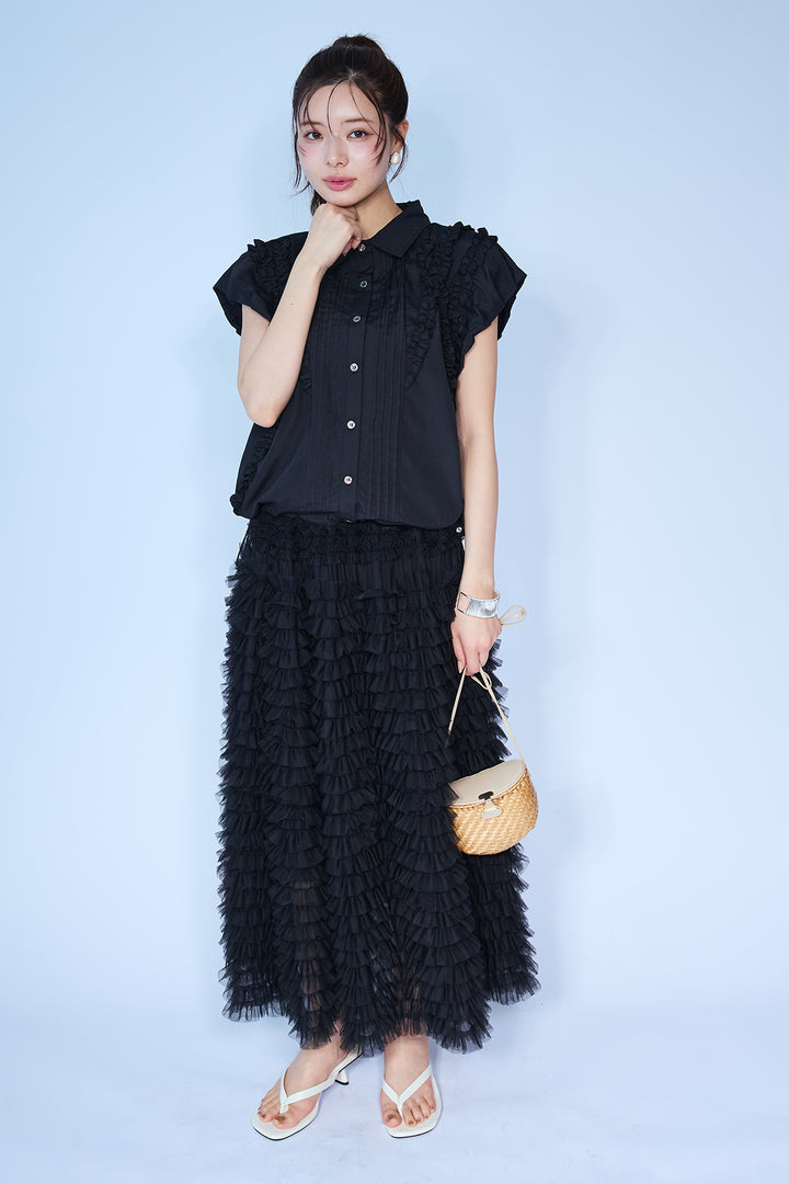 [予約/SET]ミックスフリルピンタックサイドドロストブラウス+ホイップチュールティアードスカート(2set)