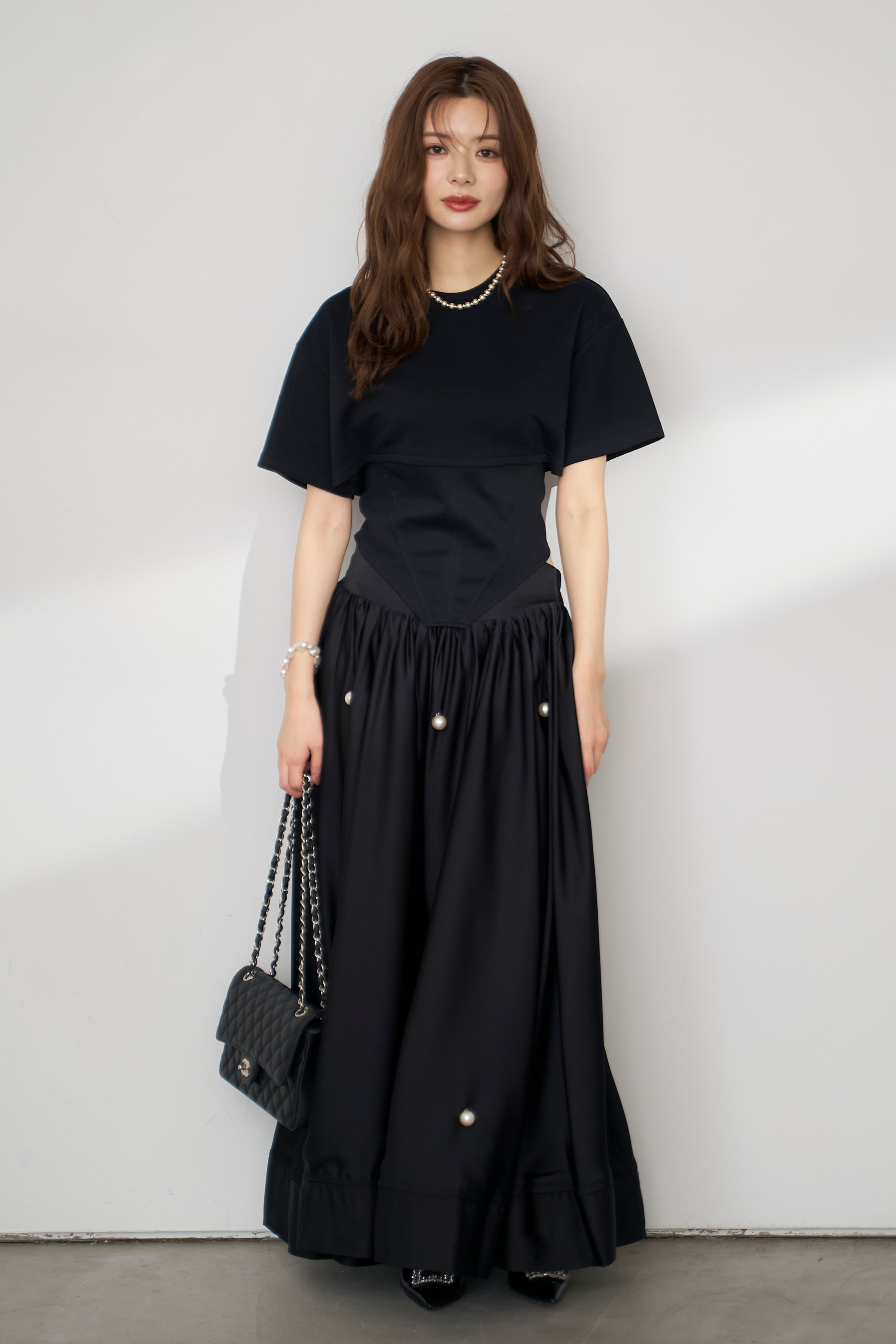 Freneレース襟シャツ、パールコートセット 予約/SET]バックレースアップTシャツ+ビッグパールデコレーション