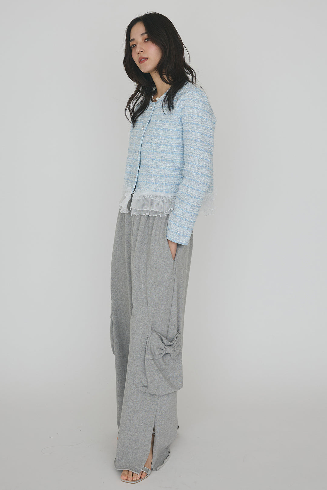 [予約/SET]プリーツフリルヘムライトツイードジャケット+ライトスウェットサイドリボンパンツ(2set)