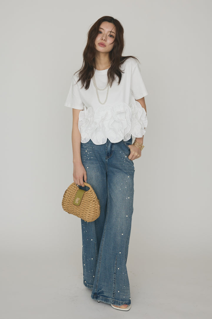 [予約/SET]フリルウェーブヘムカットTシャツ+パールラインストーンハイウエストデニム(2set)