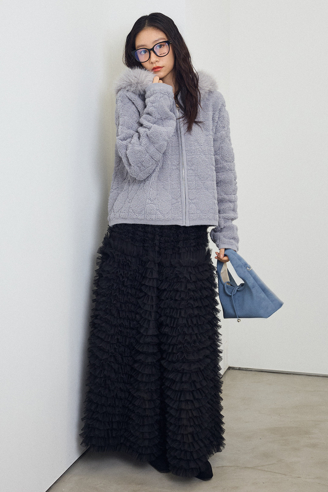 [予約/SET]フードファーキルトZIPニットブルゾン+ホイップチュールティアードスカート(2set)