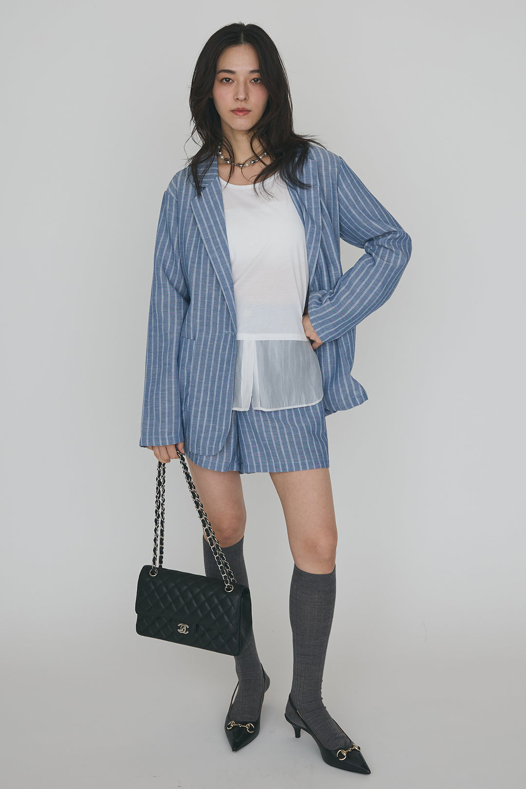 [予約/SET]ドライタッチオーガンジー切替タンクトップ+ストライプライトジャケットセットアップ(2set)