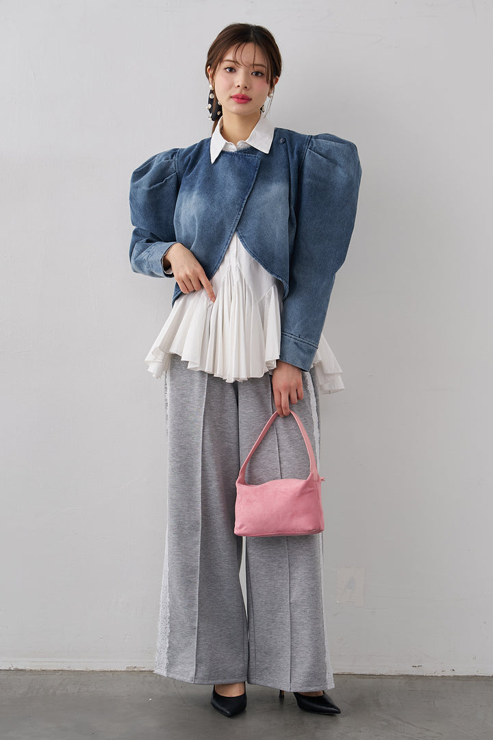 [予約/SET]パネルフレアヘムシャツ+パフスリーブショートデニムジャケット+サイドレースWフェイスカットソーパンツ(3set)