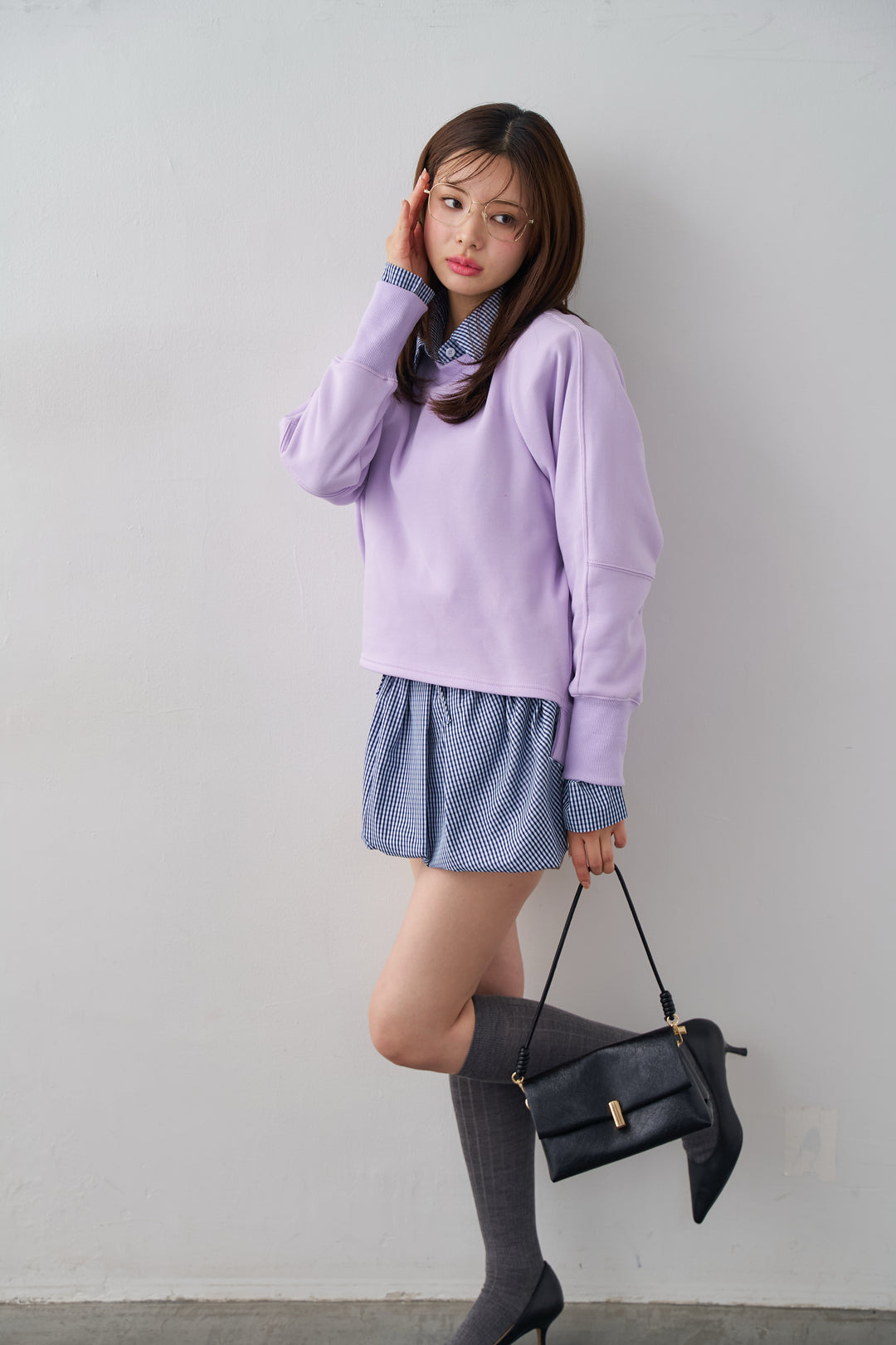 [予約/SET]ギンガムチェックバルーンミニボトムセットアップ+コクーンシルエットライトスウェットPO(2set)