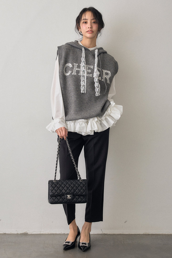 [予約/SET]パネルフレアヘムシャツ+レースリボンロゴフードスリーブレスニット+タックテーパードパンツ(3set)