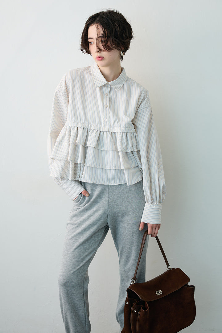 [予約]ストライプティアードフリルクロップドシャツ