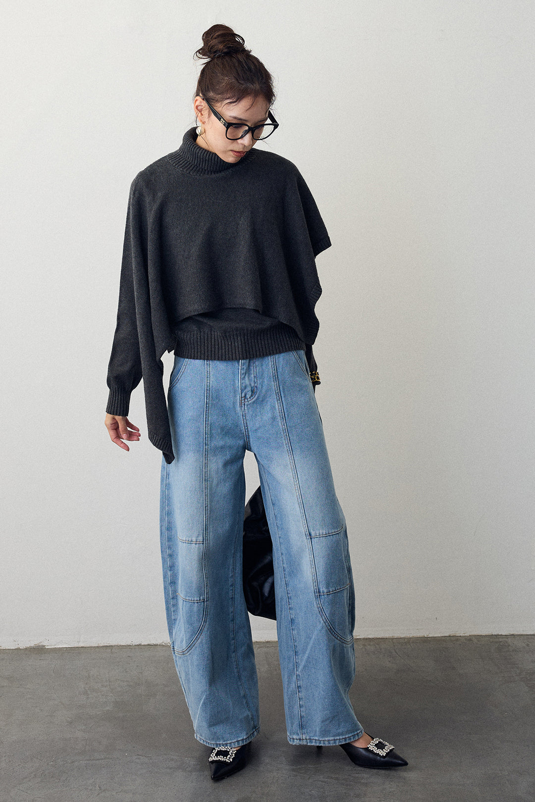 [予約/SET]アシメケープ2wayニット+ステッチ美ラインカーブデニムパンツ(2set)