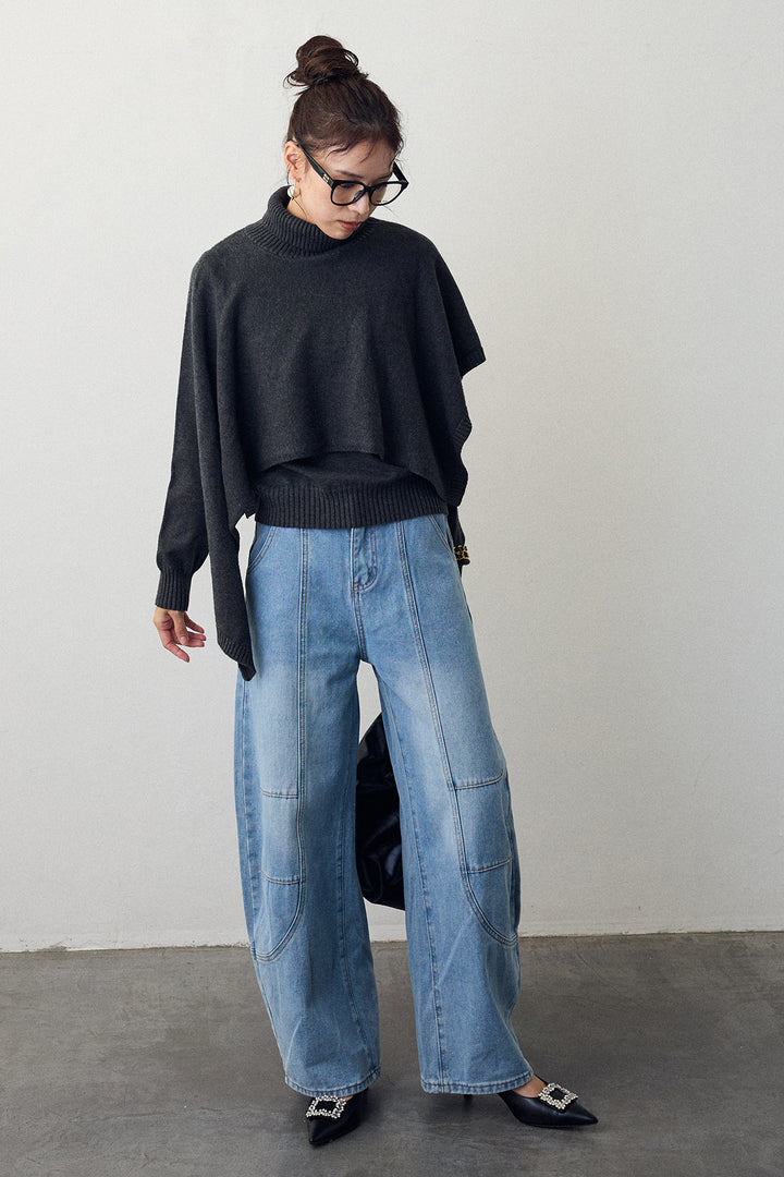 [予約/SET]アシメケープ2wayニット+ステッチ美ラインカーブデニムパンツ(2set)