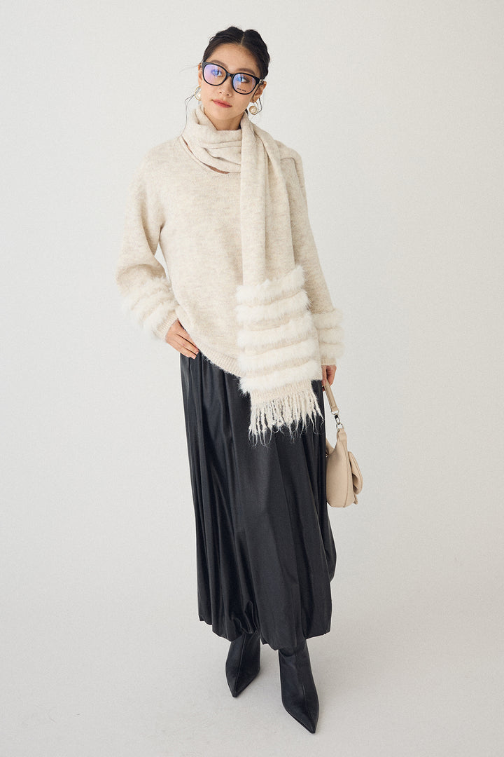 [予約/SET]マフラー付きファーラインデザインニットカーデ+レザーライクバルーンスカート(2set)