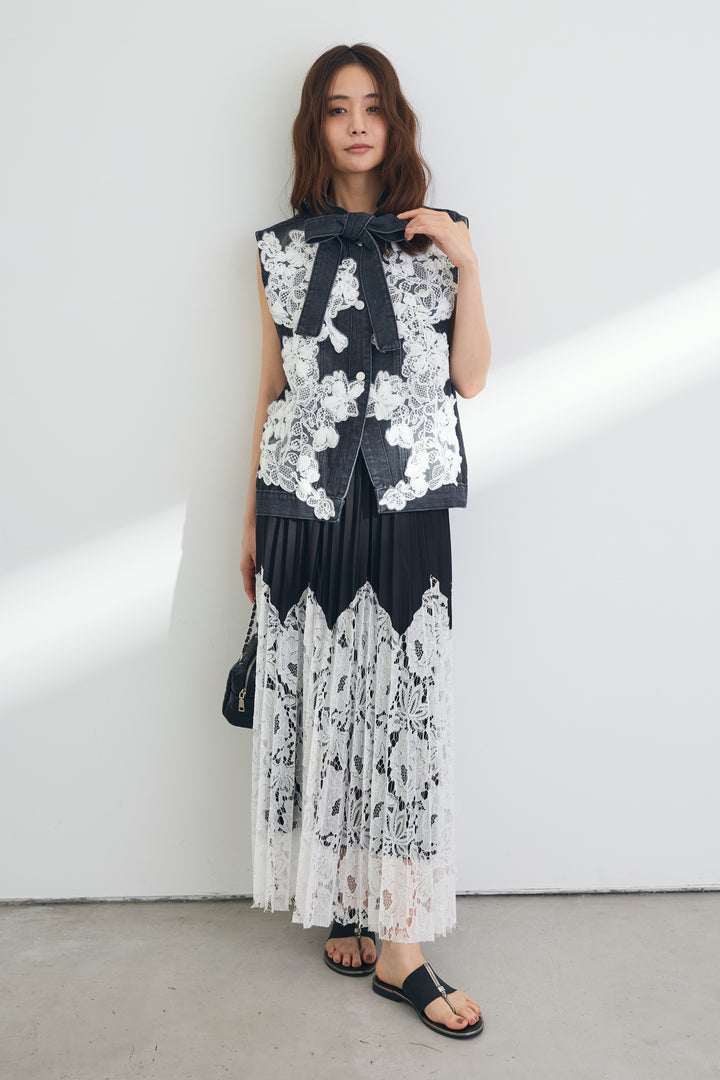 [予約/SET]リボンタイフフラワーモチーフデニムベスト+プリーツレース切替ロングスカート(2set)