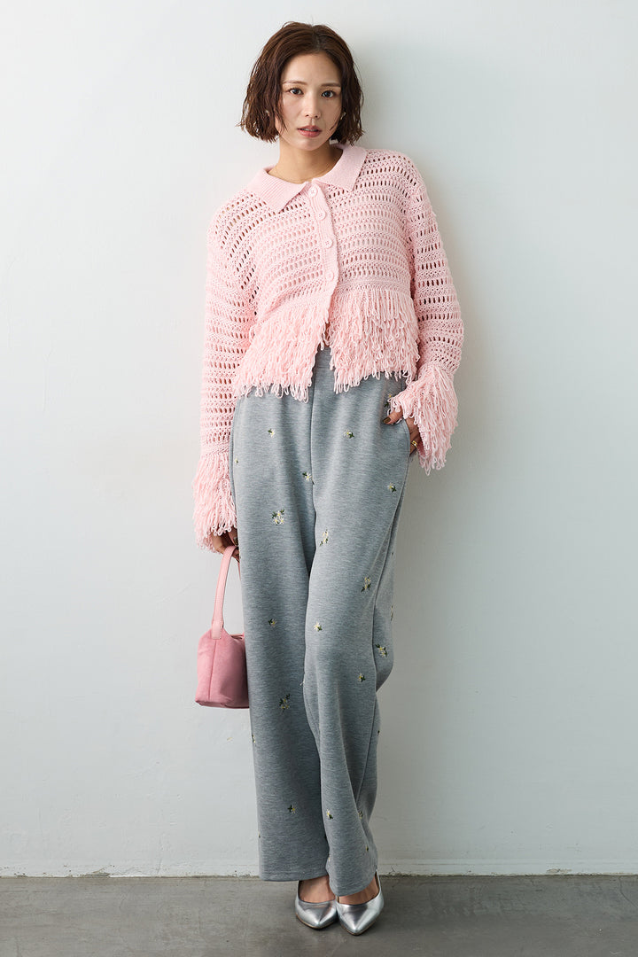 [予約/SET]メッシュフリンジクロップドニット+フラワー刺繍ストレートポンチパンツ(2set)