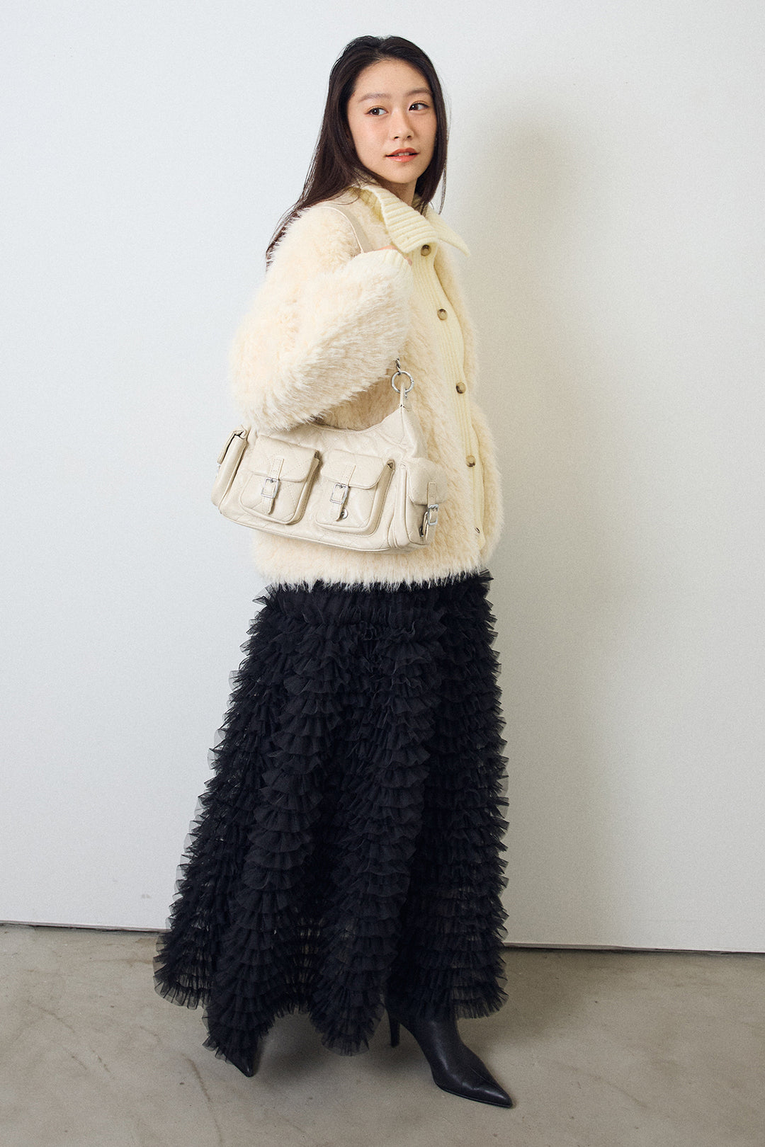 [予約/SET]シャギーファー×リブニットミックスジャケット+ホイップチュールティアードスカート(2set)