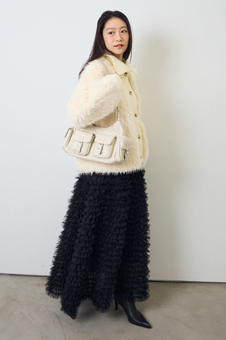 [予約/SET]シャギーファー×リブニットミックスジャケット+ホイップチュールティアードスカート(2set)