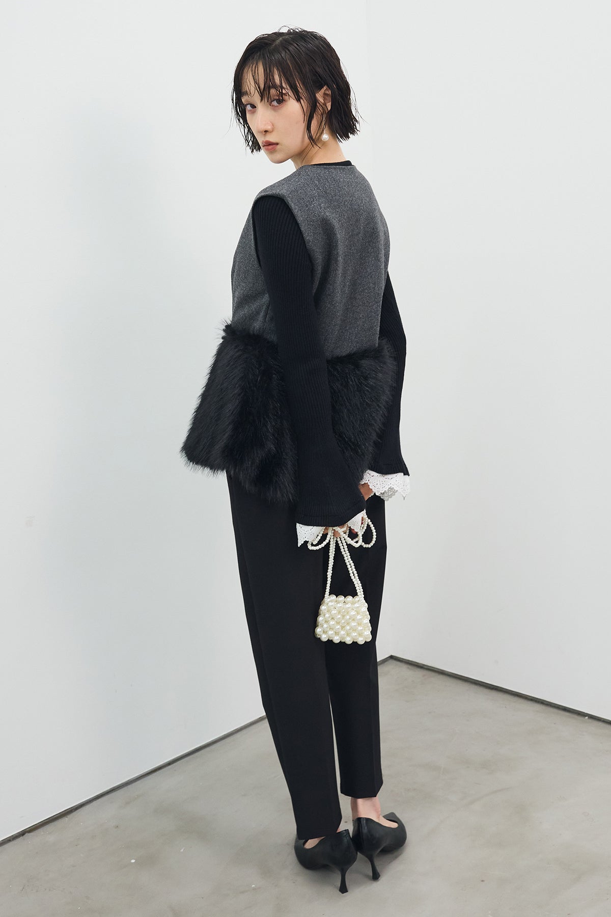 m*e様 ★未使用★frene購入 ダンボールニットファージャケット黒 ダンボールニットジャケット ノーカラージャケット パーカー