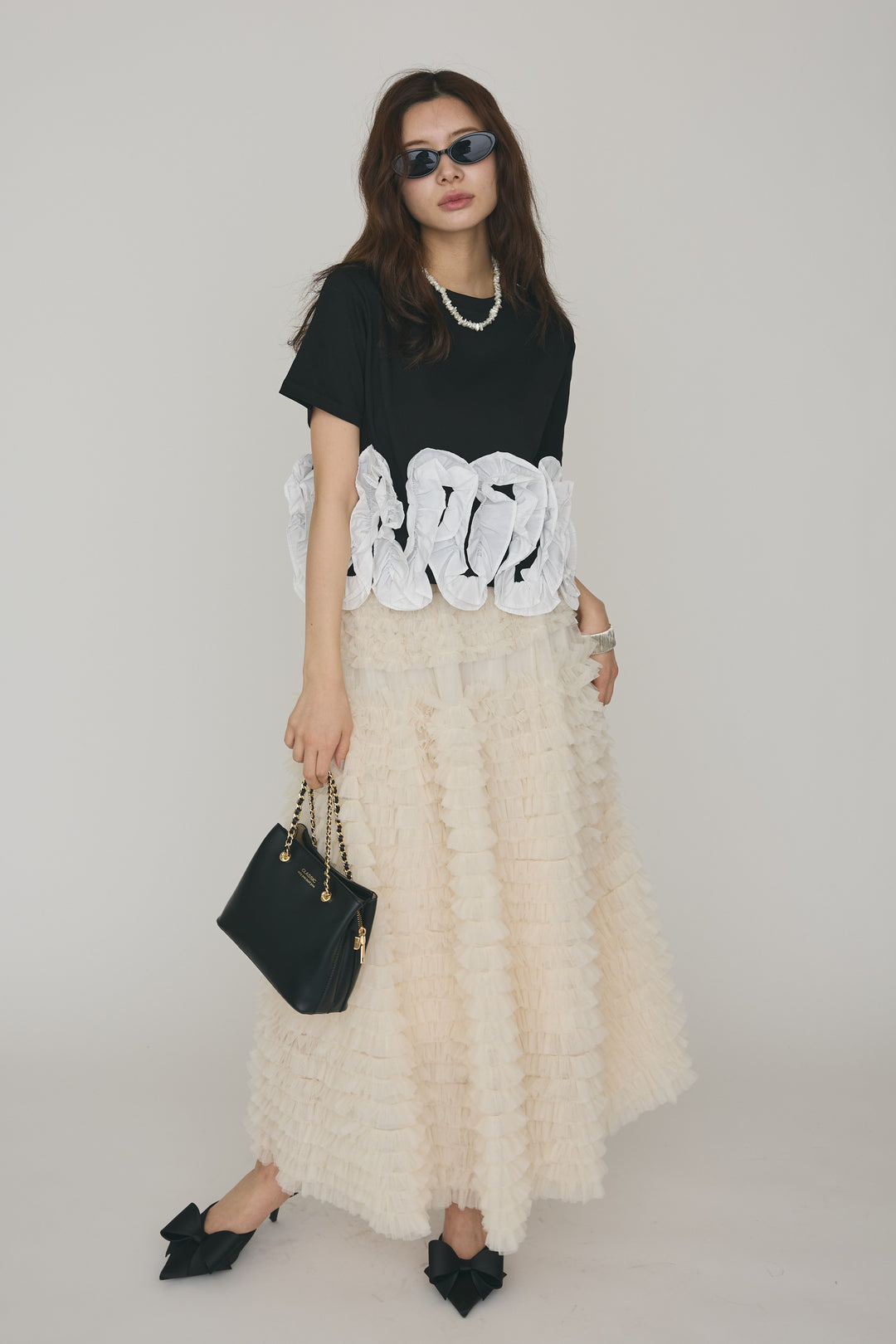 [予約/SET]フリルウェーブヘムカットTシャツ+ホイップチュールティアードスカート(2set)