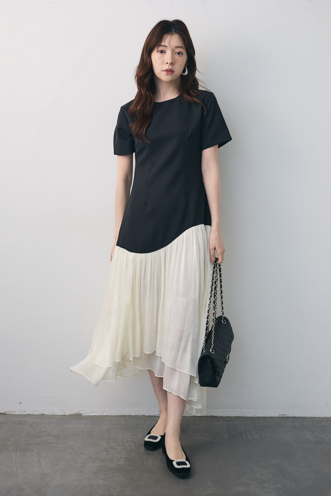 [予約]シフォン切替ハーフスリーブワンピース