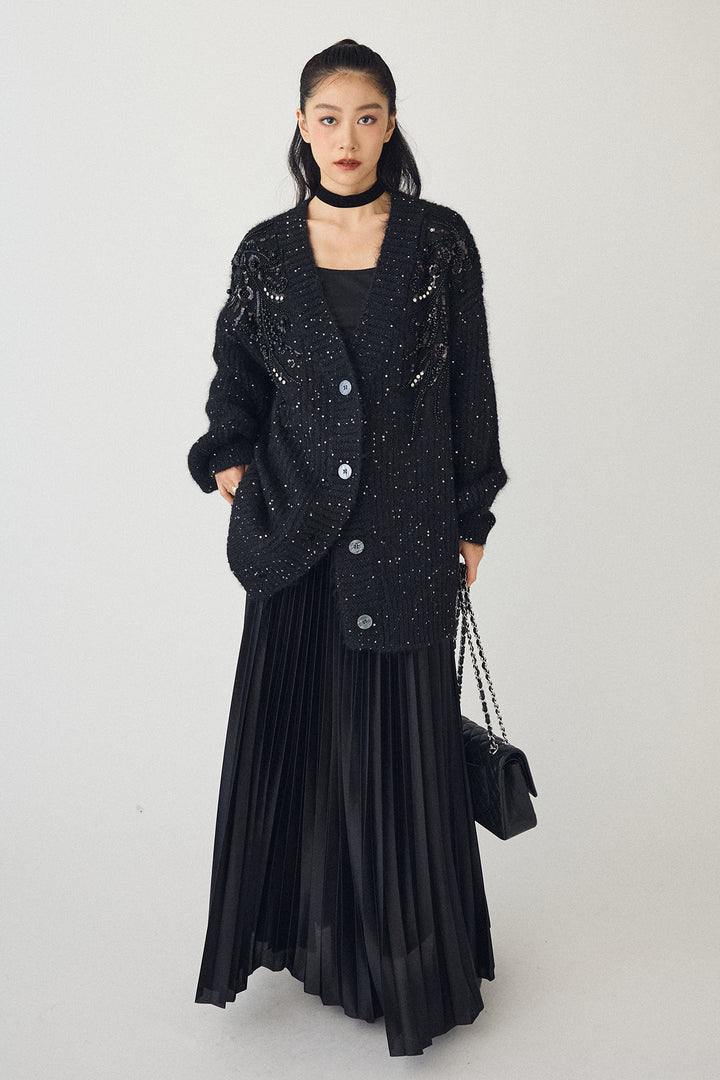 [予約/SET]ビーズフラワースパンコールシャイニーニットカーデ+シャイニープリーツサテンスカート(2set)